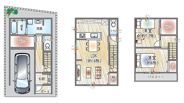 【参考プラン(1)】(ベストプラン建物価格：2430万円～)
■建物面積：81.97m2 ■3階建て×2LDK
ゆとりある洗面室×WICが魅力◎洗濯動線が整った設計。各洋室もゆとりある設計♪