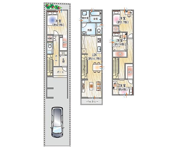 【参考プラン(1)】(ベストプラン建物価格:2480万円~)
■建物面積:98.55m2 ■3階建て×4LDK
収納力にこだわった住まい。2か所のWICでスマートに収納可能◎