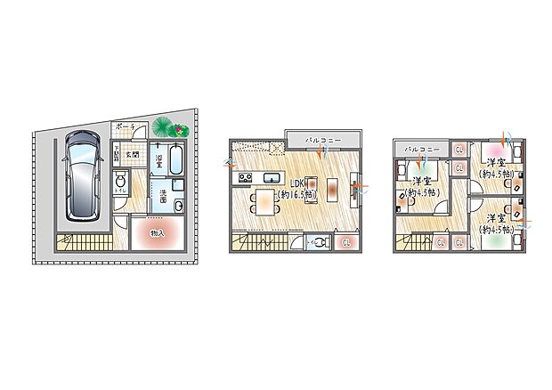 【1号地/参考プラン(1)】(ベストプラン建物価格:2480万円~)
■建物面積:98.15m2 ■3階建て×4LDK