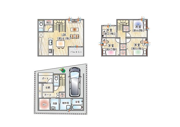 【2号地/確定図】(土地建物価格:4980万円)
■建物面積:約106.63m2 ■3階建て×4LDK
収納豊富◎大容量のウォークインクローゼット付き3階建て。1階水回り集約で家事動線抜群の間取り。