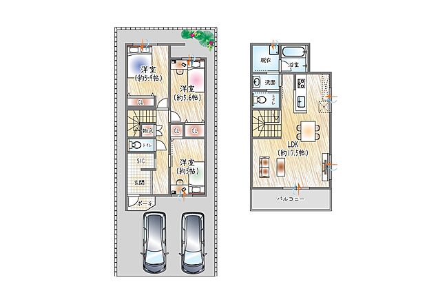 【1号地／参考プラン(1)】(ベストプラン建物価格：2480万円～)
■建物面積：91.08m2 ■2階建て×3LDK
2階に集約した家事動線！約17帖LDKで、家族との時間もゆったり楽しめる住まい。