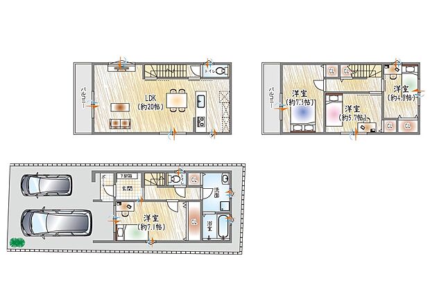 【【参考プラン図(5)】(セミオーダー建物価格:2310万円~※ライフシェアメンバーシップ適用価格)
■建物面積105.72m2
LDK広々となんと20帖!!バルコニーは2階と3階の2箇所にあります♪