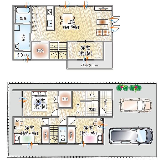 【【2号地/参考プラン(2)】】(ベストプラン建物価格:2180万円~)
■建物面積:98.95m2 ■2階建て×4LDK
水回りを2階に集約。家事がはかどる快適設計に仕上げました◎