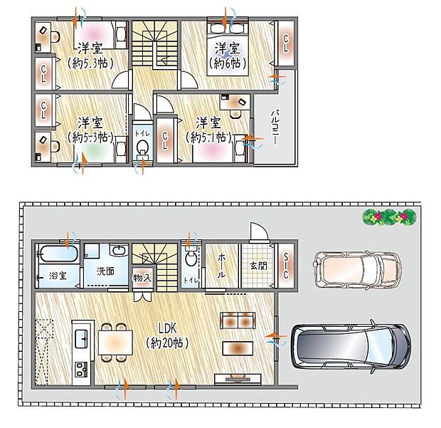 【【2号地/参考プラン(1)】】(ベストプラン建物価格:2180万円~)
■建物面積:99.42m2 ■2階建て×4LDK
2台並列駐車可×20帖のLDK×各居室のゆとり。家族それぞれがゆったり過ごせる住まい♪