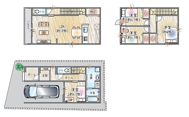 【【1号地/参考プラン(1)】】(ベストプラン建物価格:2180万円~)
■建物面積:98.97m2 ■3階建て×4LDK
18帖LDK×ゆとりある洗面室。くつろぎも使いやすさも両立した住まい◎