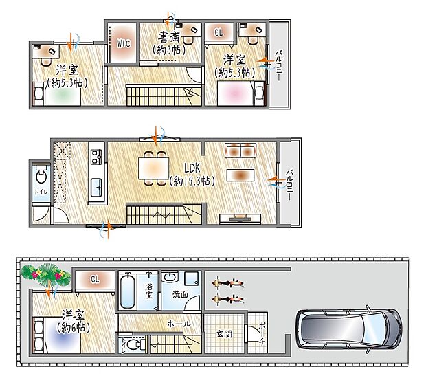 【【参考プラン(1)】】(ベストプラン建物価格:2180万円~)
■建物面積:98.95m2 ■3階建て×3SLDK
家族が集まっても広々。LDK約19帖+書斎のある暮らしで、休日も在宅時間も快適に。
