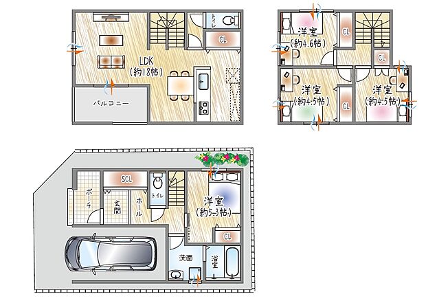 【【1号地／参考プラン(1)】】(ベストプラン建物価格：2180万円～)
■建物面積：98.97m2 ■3階建て×4LDK
玄関が整うと暮らしも整う。約18帖LDKで、家族がゆったり過ごせる住まい。