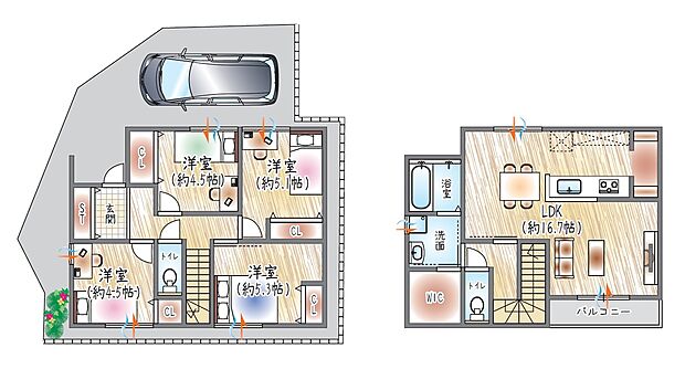 【【参考プラン(1)】】(ベストプラン建物価格：2180万円～)
■建物面積：96.07m2 ■2階建て×4LDK
WICやパントリーを備えた収納設計。家事効率を考えた暮らしやすい住まい◎