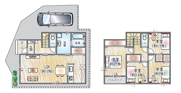 【【参考プラン(2)】】(ベストプラン建物価格：2180万円～)
■建物面積：95.25m2 ■2階建て×4LDK
約18帖の広々LDK が家族の中心に。洗面室も広いゆとり設計です。