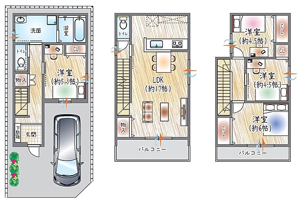【【3号地/参考プラン(2)】】(ベストプラン建物価格:2430万円~)
■建物面積:99.79m2 ■3階建て×4LDK
ランドリースペースを採用、洗濯動線に配慮し各居室収納も備えた住まい