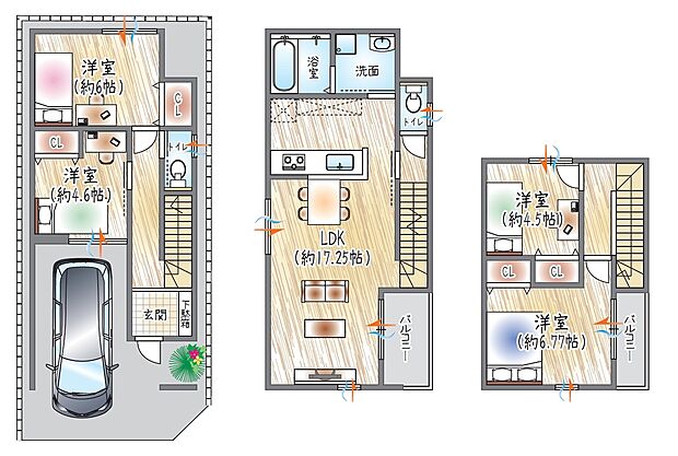 【【3号地/参考プラン(2)】】(ベストプラン建物価格:2430万円~)
■建物面積:99.37m2 ■3階建て×4LDK
2階に水廻りを集約し、毎日の家事効率を高めた動線設計。