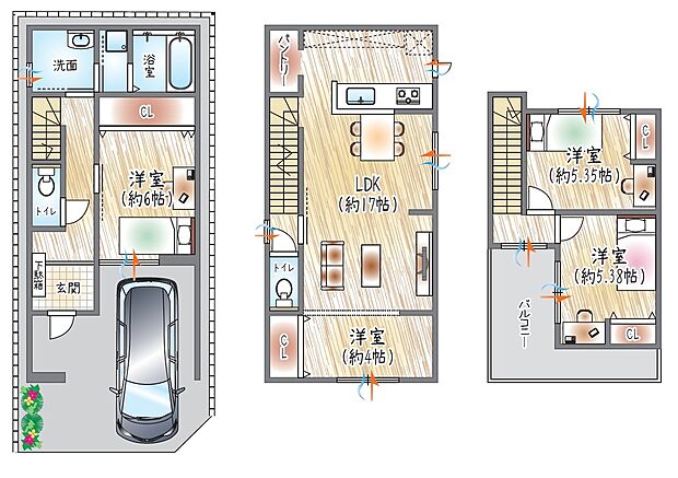 【【3号地/参考プラン(3)】】(ベストプラン建物価格:2430万円~)
■建物面積:97.73m2 ■3階建て×4LDK
パントリー採用×各居室ゆとり確保、生活感を上手に隠せる間取り設計