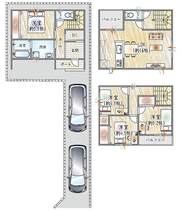 【【4号地/参考プラン(3)】】(ベストプラン建物価格:2430万円~)
■建物面積:98.53m2 ■3階建て×4LDK
落ち着いて過ごせる2階LDK、SIC付きで玄関まわりもすっきり整う住まい