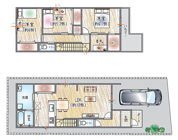 【【参考プラン(1)】】(ベストプラン建物価格:2430万円~)
■建物面積:99.09m2 ■2階建て×3SLDK
18帖LDK×書斎×WIC。ゆとりと機能性を兼ね備えた住まい