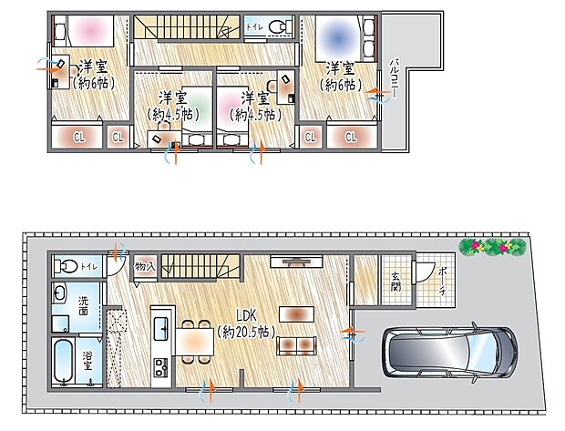 【【参考プラン(2)】】(ベストプラン建物価格:2430万円~)
■建物面積:99.09m2 ■2階建て×4LDK
20帖超LDKで開放感◎家族時間が広がるゆとりの住まい