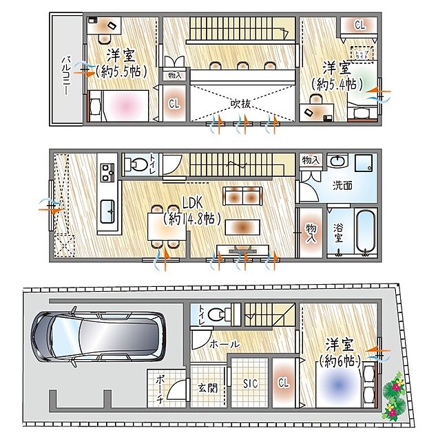 【【参考プラン(4)】】(セミオーダー建物価格：2630万円～) 
■建物面積：91.54m2 ■3階建て×3LDK
吹き抜けを採用！明るく開放感のある住まい。SIC・各居室収納付きでスッキリ整う設計です◎