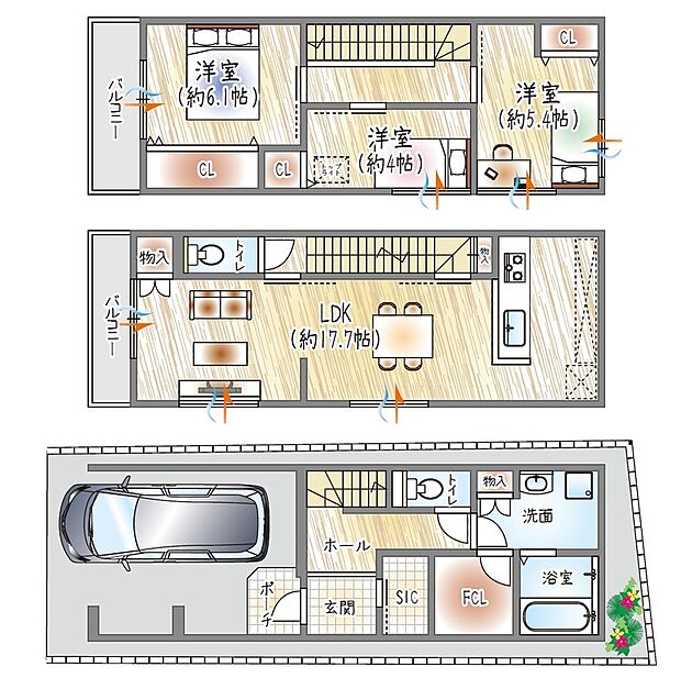 【【参考プラン(1)】】(ベストプラン建物価格：2480万円～)
■建物面積：93.24m2 ■3階建て×3LDK
17帖LDKとFCL・SICで、収納と動線が整う快適な住まい◎