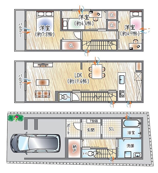 【【参考プラン(2)】】(ベストプラン建物価格：2480万円～)
■建物面積：96.39m2 ■3階建て×3SLDK
19帖超LDKの開放感で、家族時間が広がる住まい