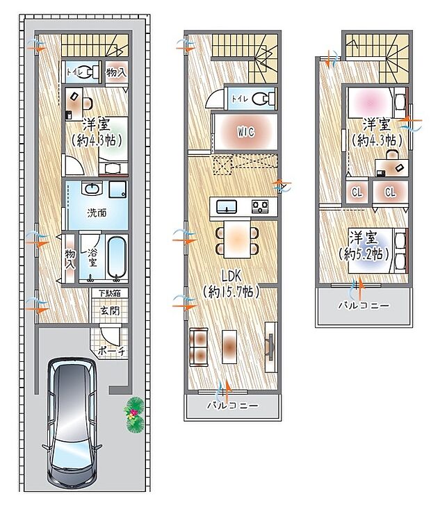 【【参考プラン(2)】】(ベストプラン建物価格:2480万円~)
■建物面積:97.70m2 ■3階建て×3LDK
大容量WICで収納充実◎必要な場所に収納を備えた整う住まい