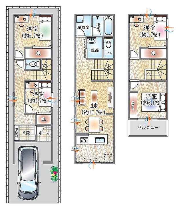 【【参考プラン(3)】】(ベストプラン建物価格:2480万円~)
■建物面積:98.11m2 ■3階建て×4LDK
2階水廻りで家事ラク♪全居室5帖以上のゆとり設計