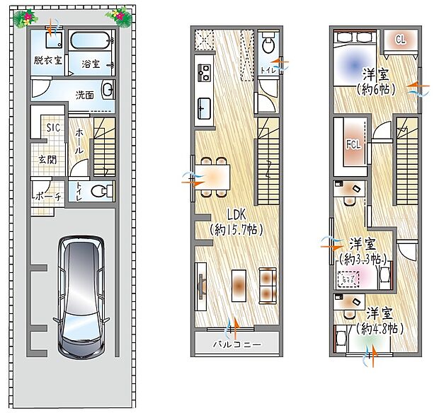 【【1号地／参考プラン(3)】】(ベストプラン建物価格：2430万円～)
■建物面積：91.52m2 ■3階建て×3LDK
脱衣室を分けた水廻り設計×FCL付き！家事効率に配慮した住空間♪