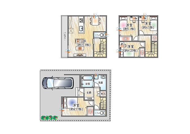 【【3号地/参考プラン(2)】】(ベストプラン建物価格:2480万円~)
■建物面積:92.97m2 ■3階建て×4LDK
全居室に収納を備え、すっきり快適な住空間。開放感のあるバルコニーから優しい光が差し込みます。