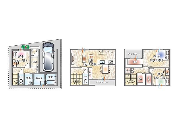 【【1号地／参考プラン(3)】】(ベストプラン建物価格：2480万円～)
■建物面積：93.17m2 ■3階建て×3LDK
FCL＋WICで収納豊富！スッキリ整うお家。
