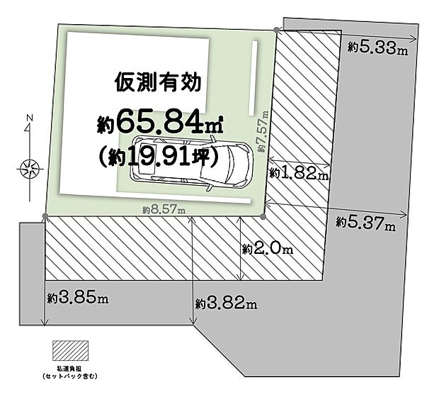 ＼ 東向き・南側通路につき角地のような土地！陽当たり・通風良好◎／
■私道負担：約34.54m2(約10.44坪) ※セットバック含む
■東側 約5.33ｍ～約5.37ｍ(幅員)/公道
■南側 約3.82ｍ～約3.85m(幅員)/通路