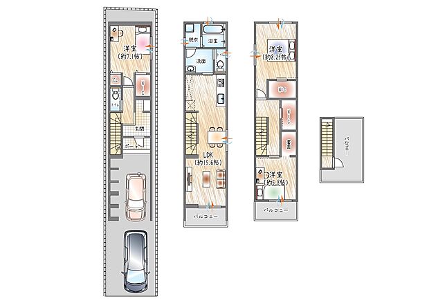 【【参考プラン(1)】】(セミオーダー建物価格:2630万円~)
■建物面積:105.71m2 ■3階建て×3LDK+ルーフバルコニー
豊富な収納と、開放的なルーフバルコニー
※ルーフバルコニーは別途オプション