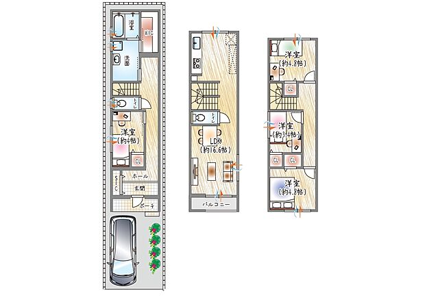 【【参考プラン(2)】】(ベストプラン建物価格:2480万円~)
■建物面積:98.55m2 ■3階建て×4LDK
毎日の洗濯がラクになる、洗面室直結収納。