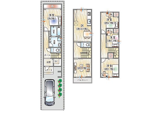 【【参考プラン(3)】】(ベストプラン建物価格:2480万円~)
■建物面積:97.20m2 ■3階建て×4LDK
メリハリのある暮らしを叶える