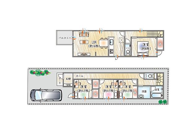 【【参考プラン(3)】】(ベストプラン建物価格:2480万円~)
■建物面積:94.59m2 ■3階建て×4LDK
2階16帖の開放的なLDK。南向きバルコニーで陽当たり良好◎