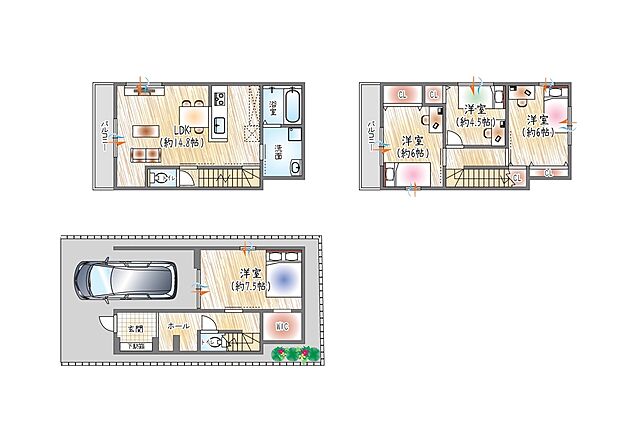 【【1号地/参考プラン(1)】】(ベストプラン建物価格:2480万円~)
■建物面積:99.38m2 ■3階建て×4LDK
大容量のウォークインクローゼット付き!2階水回り集約で家事動線が考えられた間取り◎