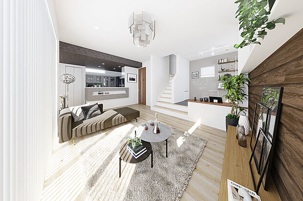 【【10号棟完成予想図】】リビングと段差でゆるく区切ったステージ。堀机カウンターで趣味や仕事などの自分時間を過ごしながら、リビングにいる家族と程よい距離でつながります。