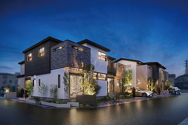 【【灯かりのいえなみ協定（R）】】夜間の各住戸の外部灯を自動で点灯し街をライトアップ。街を美しく彩りながらも、夜道を明るく照らすことで防犯性を高め、安心を届けます。