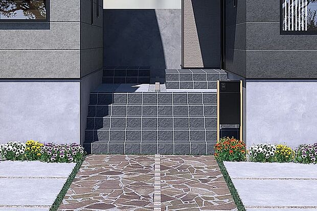 【プレミアム感を演出するアプローチ階段】2邸のアプローチ階段を一体でデザインし、大階段のようなプレミアム感を演出。さらに高低差により道路側からの視線が届きにくくプライバシーが保てます。