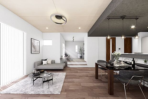 【暮らしのアイデアを詰め込んだ邸別設計の住まい】【PLAN02/ステージリビングのある家】
リビングと段差で空間を分けたステージ。テレワークや子どもの勉強に便利な堀机カウンターと棚の高さを変えられるカスタムシェルフを備えています。