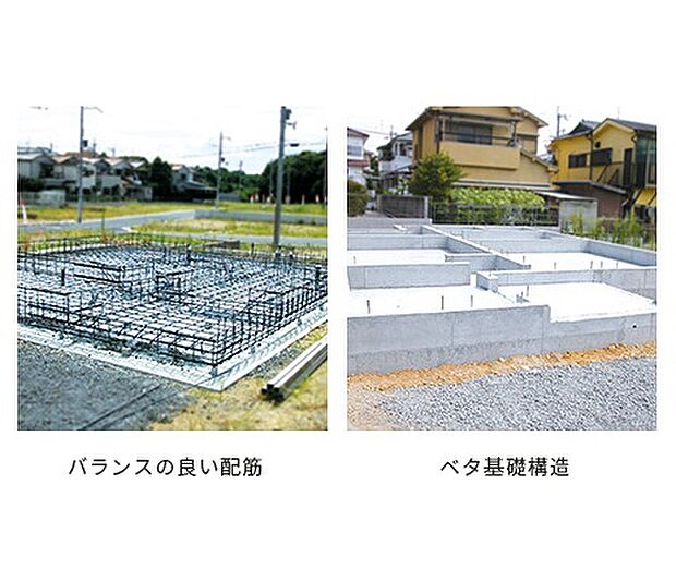 【 フジ住宅独自のベタ基礎(FX-BASE)】FX-WOOD 工法の基礎をしっかりと支える、進化したベタ基礎〈FX-BASE〉。より精度の高い地盤調査に基づき、適切な地盤改良や補強を施した強固な地盤に、部屋の面積や加重負荷に応じてバランスよく鉄筋を配した鉄筋コンクリート製のベタ基礎を完成させました。