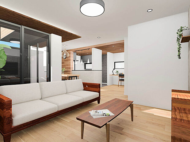 【建物イメージパース：LDK】
ＬＤＫ21.1帖の4LDKファミリープラン！南向き3階建て構造で陽光を取り入れやすい！