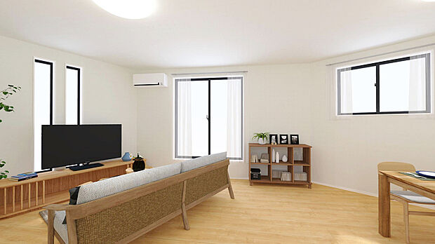 【建物イメージパース:LDK】
南向きのリビングルーム。3面に窓があるので、常に心地よい日差しが入り込んできます!