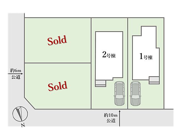 【全体区画図】
最終2棟！
スーパー徒歩5分、コンビニが目の前と思い立ったらすぐ買い物に行きやすい環境。