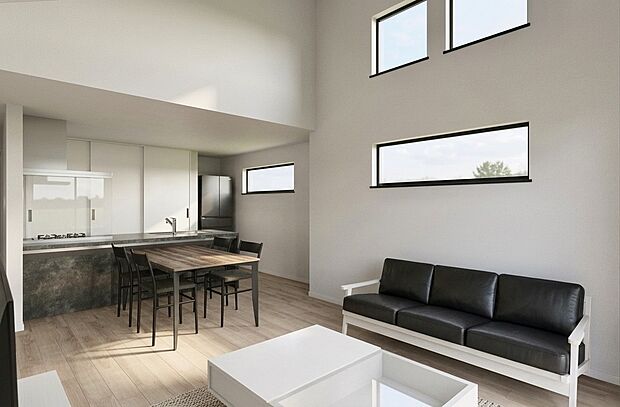 【建物イメージパース】
LDK17.7帖の3LDKプラン。2階LDKは勾配天井設計・アイランドキッチンを採用されており、開放的な空間を演出。