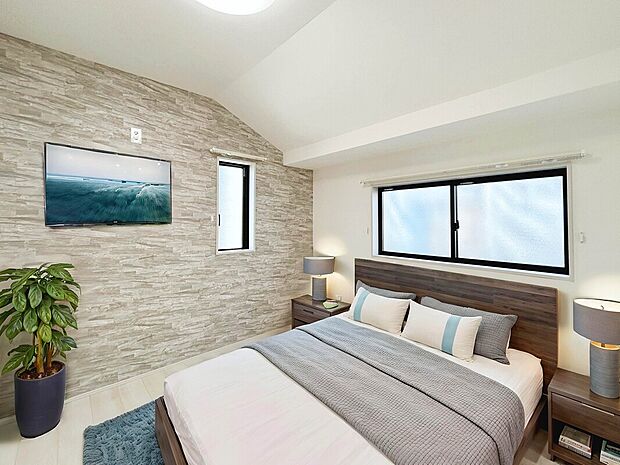 【【建物プラン例:Room】】アクセントクロスでおしゃれな空間。
デザイン性だけでなく、空間の広がりも感じられる設計となっています。