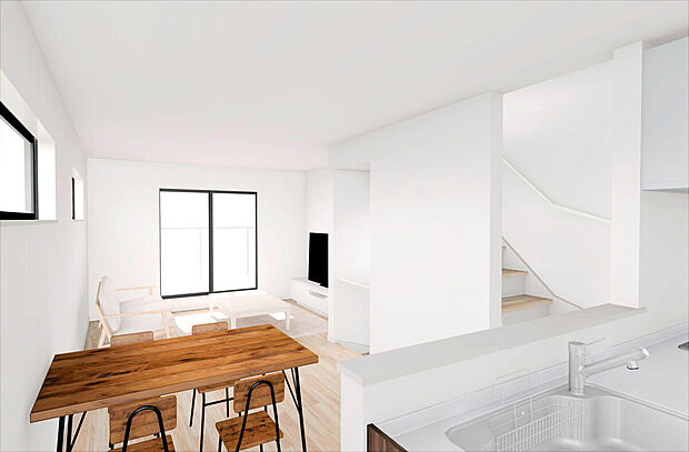 【【建物完成イメージパース:LDK 2号棟】】南向きバルコニーで日中の太陽光を取り入れやすいため、部屋が暖かくなり、暖房の使用が減る可能性があります。