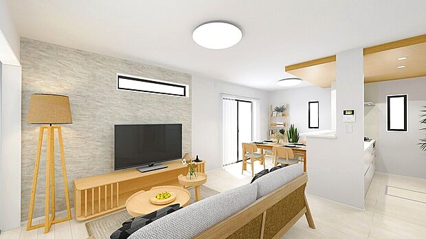 【【施工例:LDK】】カウンターキッチンが標準仕様のLDK。空間にメリハリがつく折下天井でよりデザイン性があるリビング空間を実現。