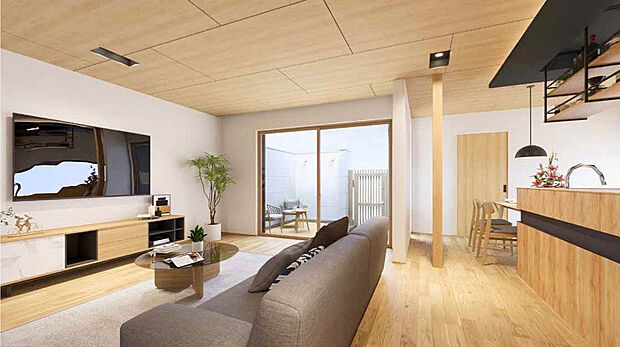 【【建物完成イメージパース:LDK】】LDKは広々とした22.62帖!床暖房搭載で冬でも足先から暖かく快適な空間で家族団らんの時間を過ごせます。