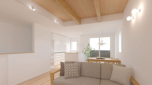 【【建物完成イメージパース LDK:2号棟】】通常のバルコニーよりも広さがあるワイドバルコニー。洗濯物を多く干せるだけでなく、花や観葉植物(ガーデニング)、家庭菜園なども楽しむことが出来ます!