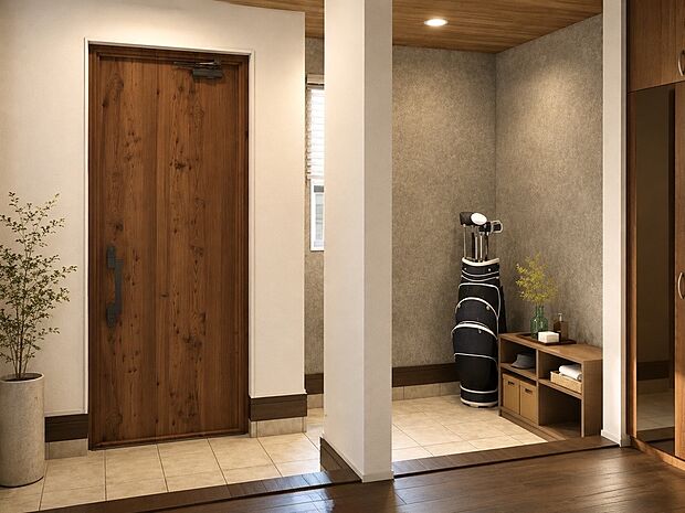【【建物プラン例：Entrance】】天井に差し色アクセントを追加することで空間の広がりを演出。デザイン性のある玄関で日々を過ごすことができます。鏡面仕上げコの字型シューズボックスも採用可能。