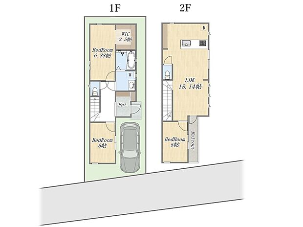 【【建物プラン例：2階建て】】Plan：3LDK+WIC+カースペース
建物参考価格：2300万円｜設計・外溝・地盤改良費は別途かかります。
建物面積：85ｍ2