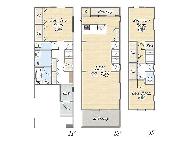 【【建物プラン例：3階建て】】Plan：1LDK+2S+Pantry+ビルトインガレージ
建物参考価格：2750万円｜設計・外溝・地盤改良費は別途かかります。
建物面積：114ｍ2
